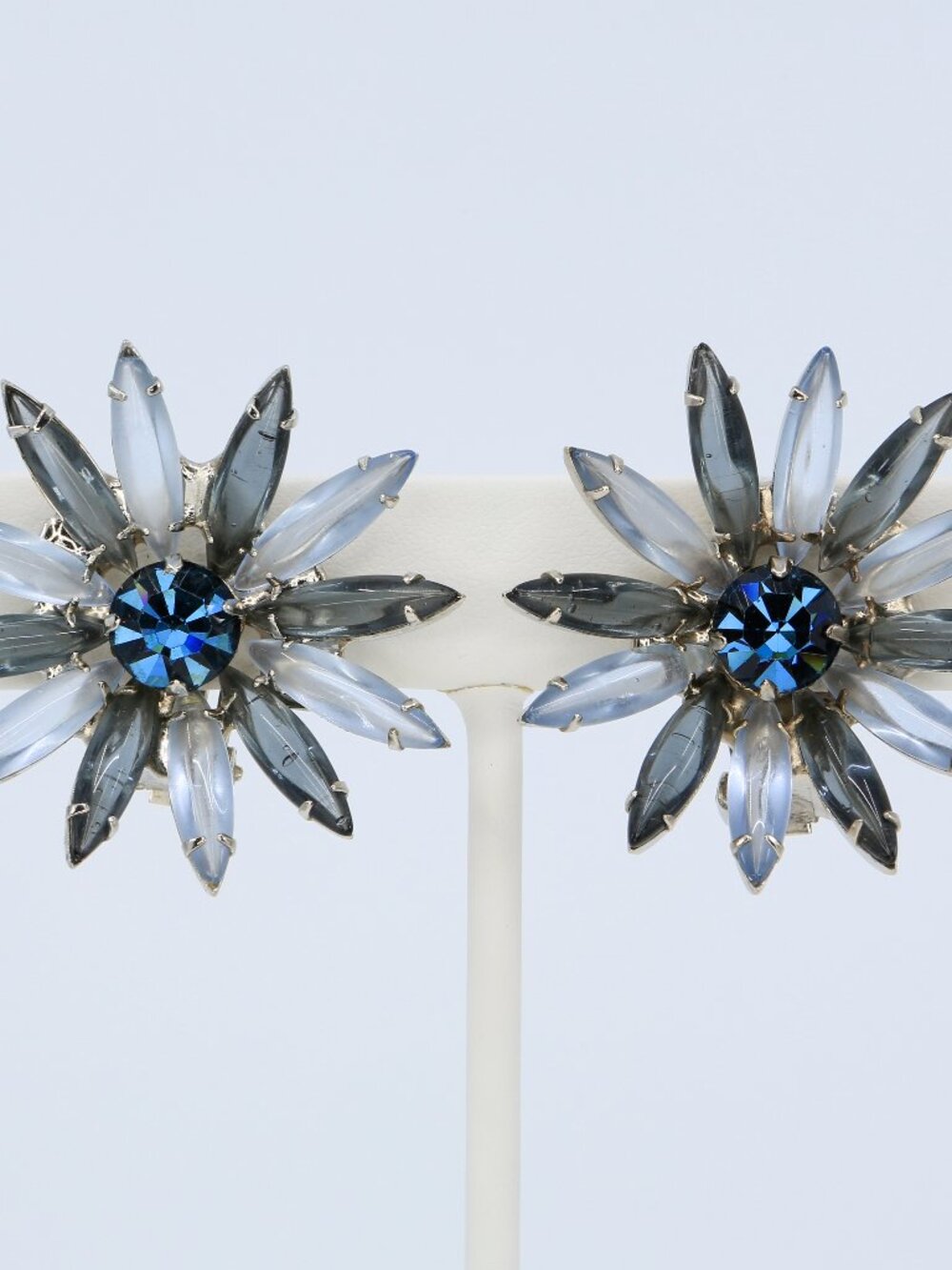Vintage Blue Navette Rhinestone Starburst Flower Clip-on Earrings 1950s